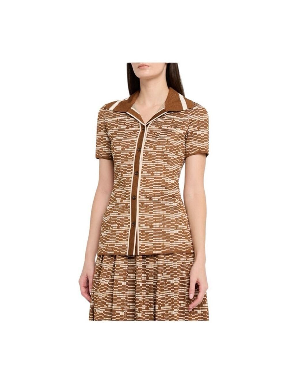ALEMAIS Brown & White Stefanie Knit Button Down Shirt, Size 6